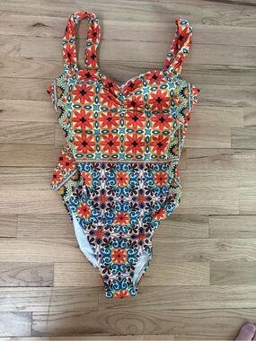 Boden Floral Tile One-Piece Swimsuit Orange/Blue, High Cut Leg, Sz 12, Like New